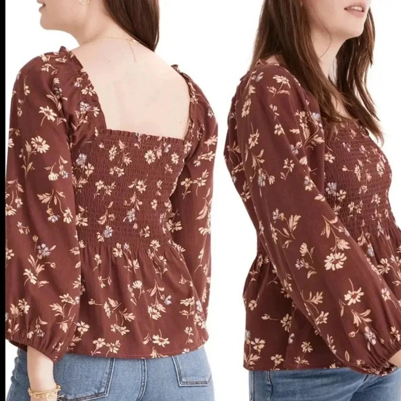 NWT!! Madewell - Lucie Smocked Square Neck Cotton Peplum Blouse in Dark Merlot - Picture 2 of 8